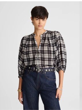 NWT Madewell Shirred Crewneck Button-up Blouse, Black & White Plaid, Size Small